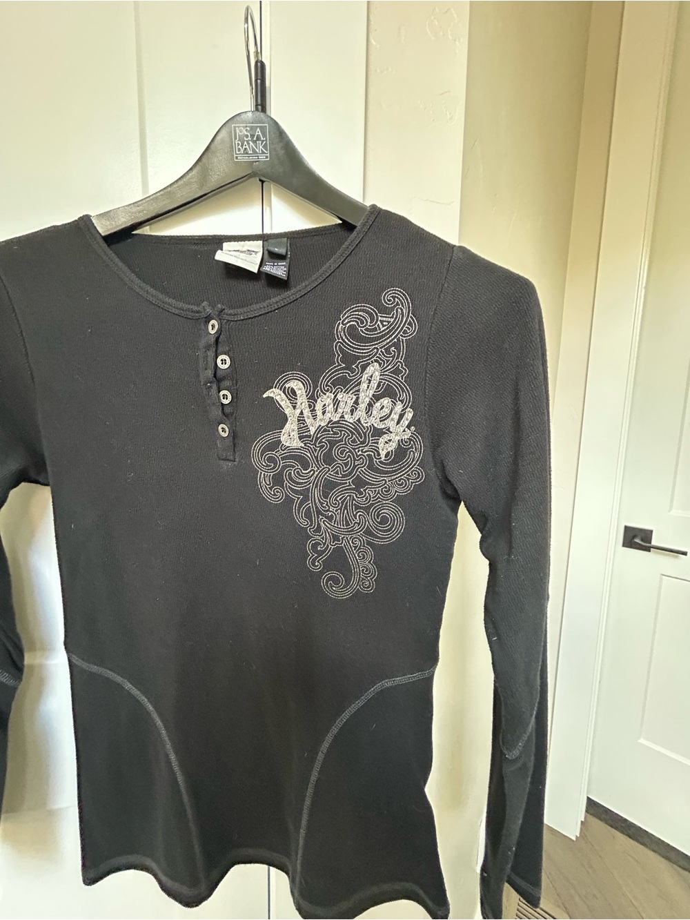 Harley-Davidson Black Long Sleeve Henley Top with Silver Graphic Rhinestones L